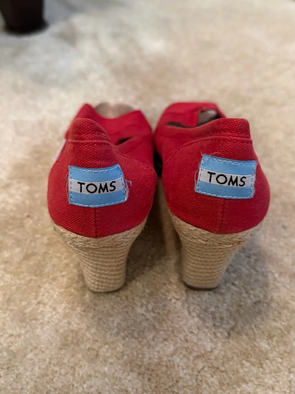 TOMS Red Canvas Wedge Espadrille Peep-Toe Heels